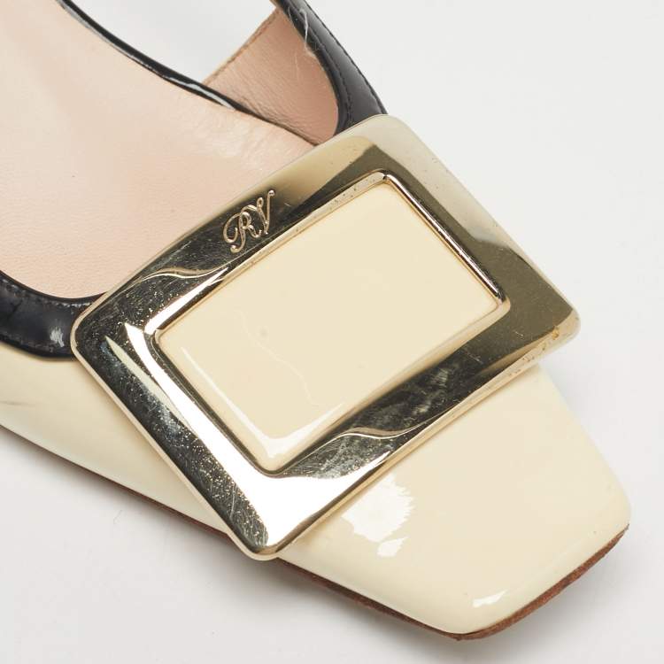 Pre Owned Roger Vivier Cream/Black Patent Leather Belle Vivier Slingback Pumps Size 36