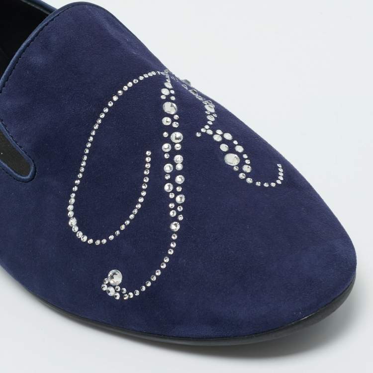 Pre Owned Roger Vivier Navy Blue Suede Crystal Embellished Ballet Flats Size 38