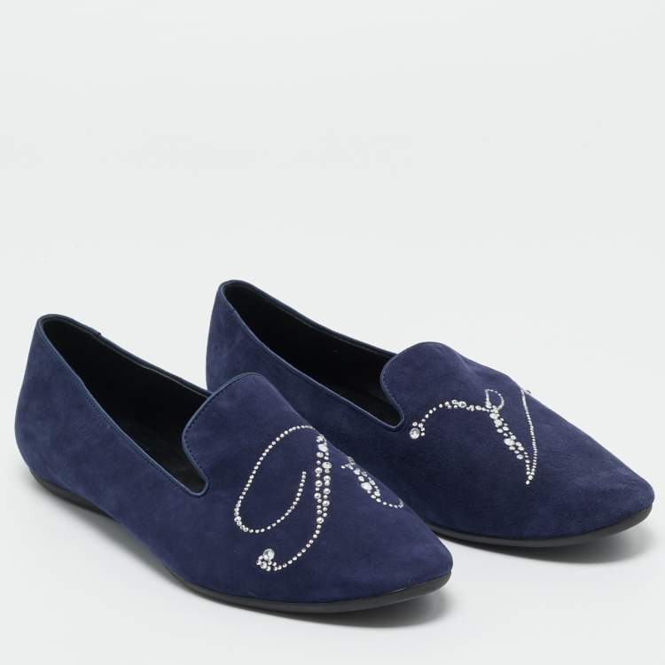 Pre Owned Roger Vivier Navy Blue Suede Crystal Embellished Ballet Flats Size 38