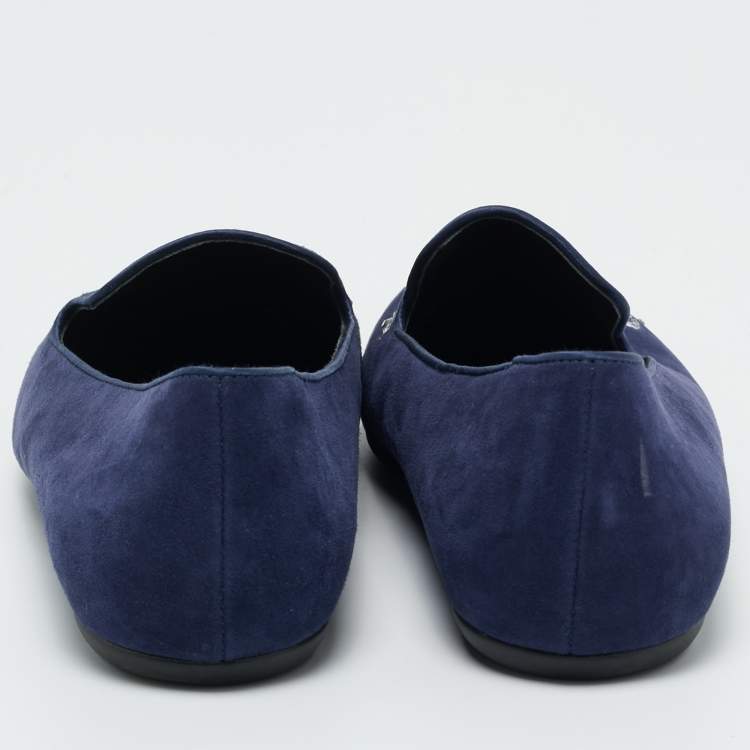 Pre Owned Roger Vivier Navy Blue Suede Crystal Embellished Ballet Flats Size 38