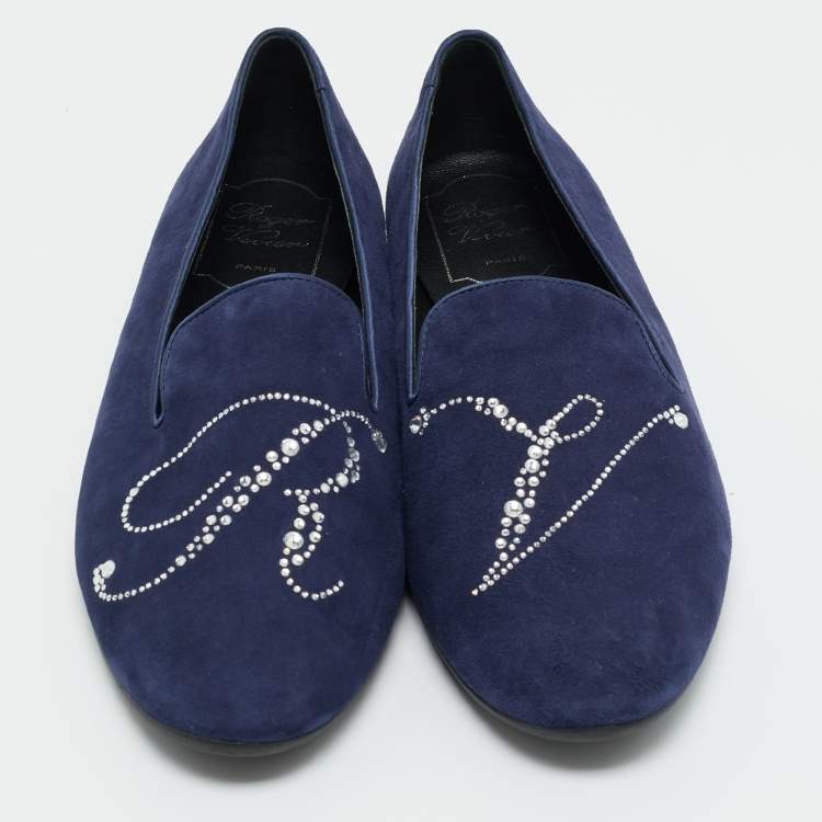 Pre Owned Roger Vivier Navy Blue Suede Crystal Embellished Ballet Flats Size 38
