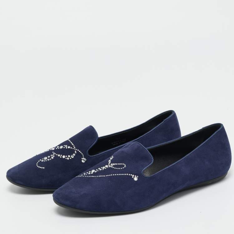 Pre Owned Roger Vivier Navy Blue Suede Crystal Embellished Ballet Flats Size 38