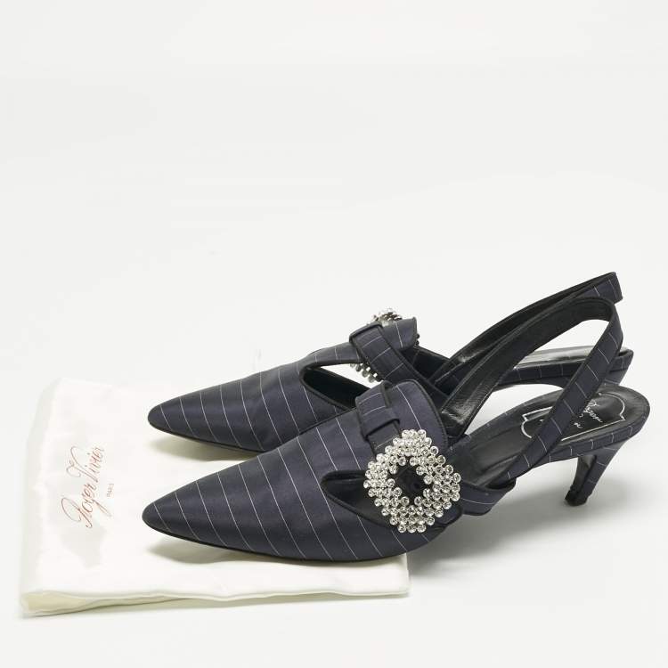 Pre Owned Roger Vivier Navy Blue Fabric Crystal Embellished Slingback Pumps Size 39