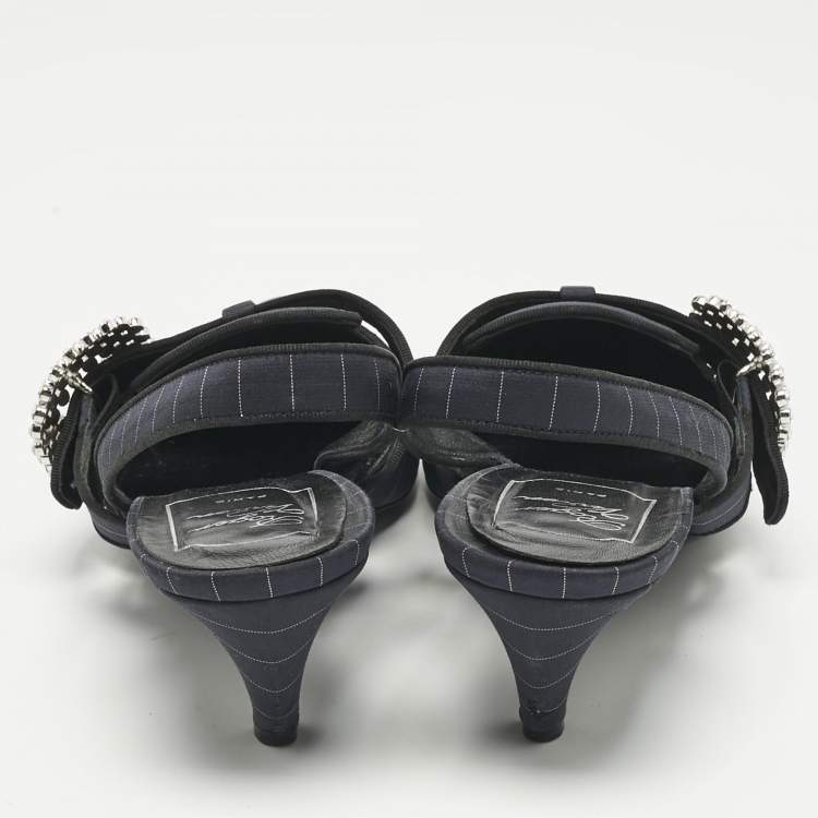 Pre Owned Roger Vivier Navy Blue Fabric Crystal Embellished Slingback Pumps Size 39