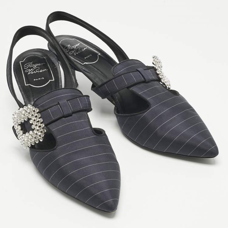 Pre Owned Roger Vivier Navy Blue Fabric Crystal Embellished Slingback Pumps Size 39