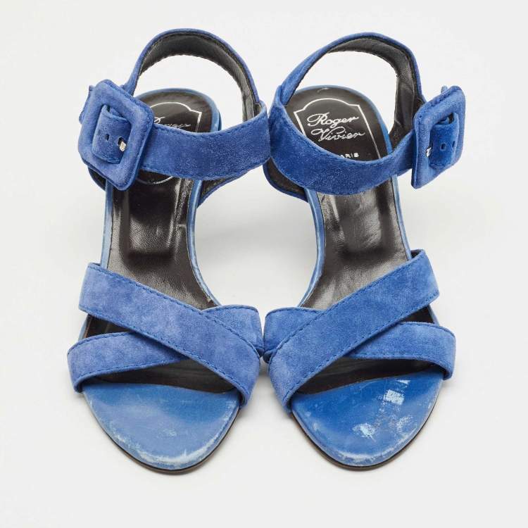 Pre Owned Roger Vivier Blue Suede Crisscross Ankle Strap Sandals Size 35