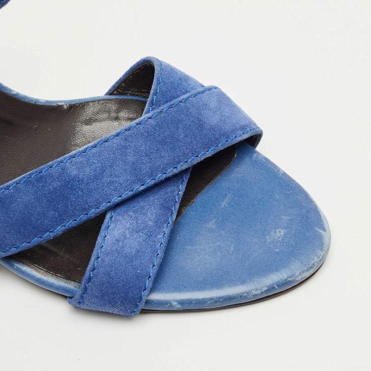 Pre Owned Roger Vivier Blue Suede Crisscross Ankle Strap Sandals Size 35