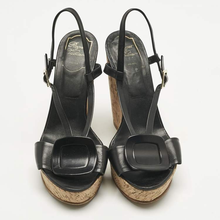 Pre Owned Roger Vivier Black Leather Buckle Wedge Slingback Sandals Size 40