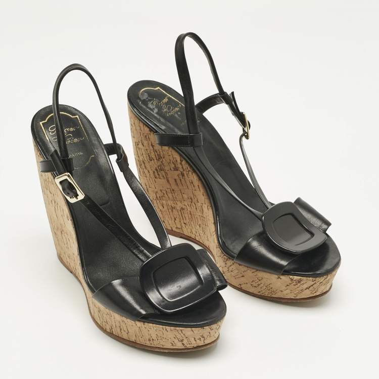 Pre Owned Roger Vivier Black Leather Buckle Wedge Slingback Sandals Size 40
