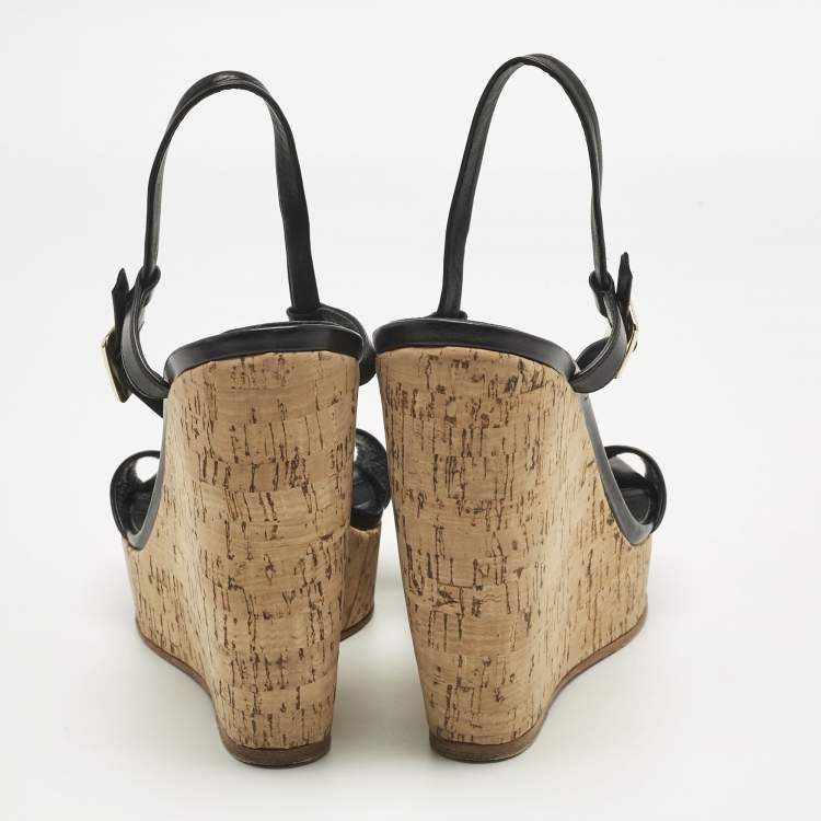 Pre Owned Roger Vivier Black Leather Buckle Wedge Slingback Sandals Size 40