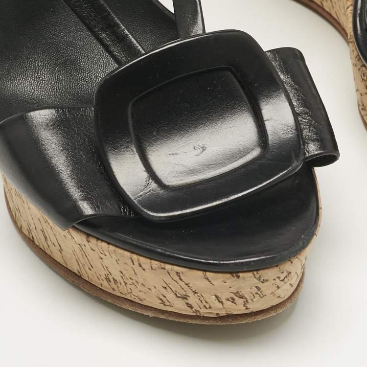 Pre Owned Roger Vivier Black Leather Buckle Wedge Slingback Sandals Size 40