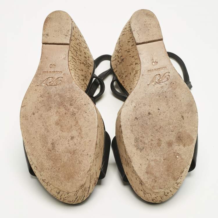 Pre Owned Roger Vivier Black Leather Buckle Wedge Slingback Sandals Size 40