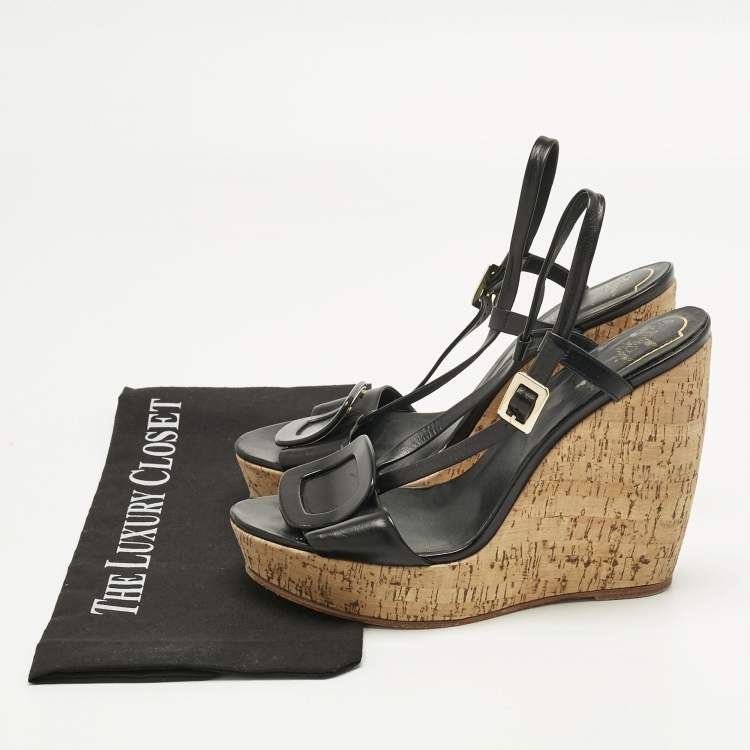 Pre Owned Roger Vivier Black Leather Buckle Wedge Slingback Sandals Size 40