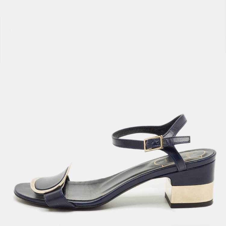 Pre Owned Roger Vivier Navy Blue Leather Chips West Buckle Ankle Strap Sandals Size 35