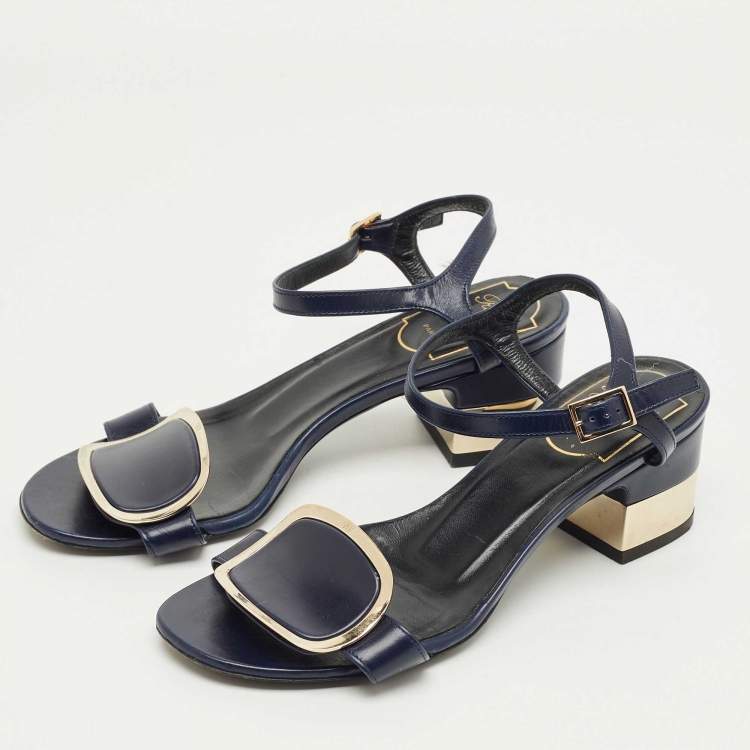 Pre Owned Roger Vivier Navy Blue Leather Chips West Buckle Ankle Strap Sandals Size 35