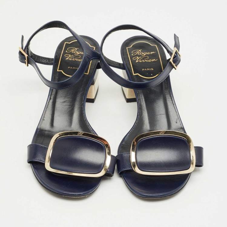Pre Owned Roger Vivier Navy Blue Leather Chips West Buckle Ankle Strap Sandals Size 35