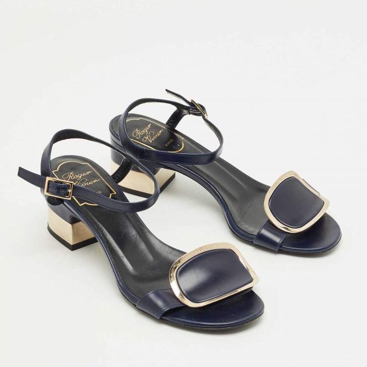 Pre Owned Roger Vivier Navy Blue Leather Chips West Buckle Ankle Strap Sandals Size 35