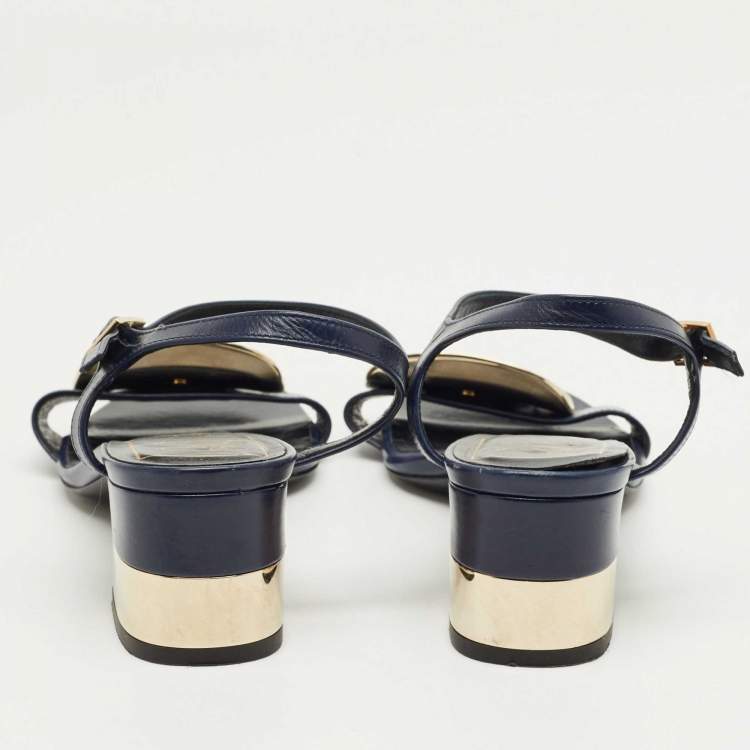 Pre Owned Roger Vivier Navy Blue Leather Chips West Buckle Ankle Strap Sandals Size 35