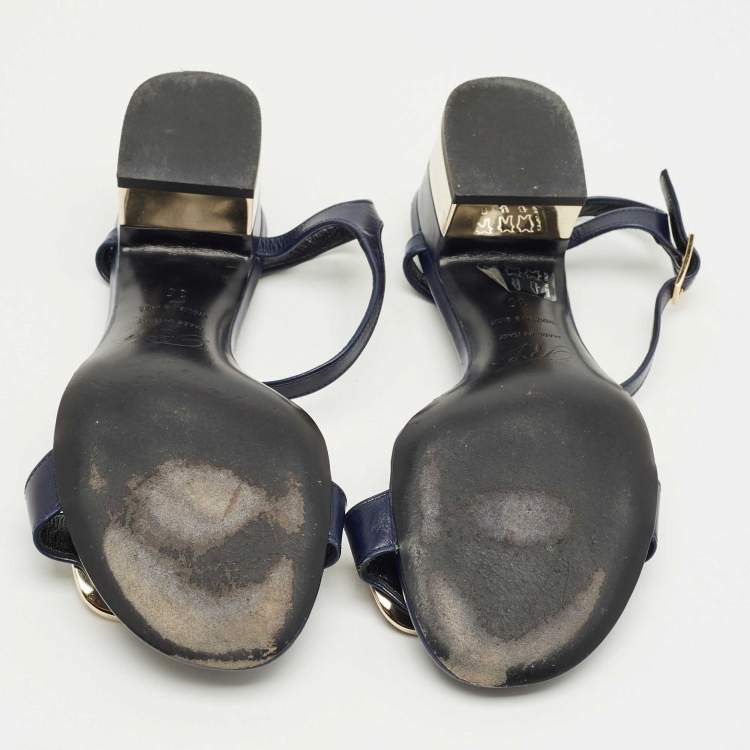 Pre Owned Roger Vivier Navy Blue Leather Chips West Buckle Ankle Strap Sandals Size 35