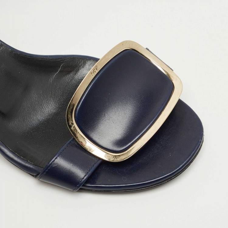 Pre Owned Roger Vivier Navy Blue Leather Chips West Buckle Ankle Strap Sandals Size 35