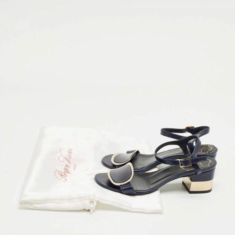 Pre Owned Roger Vivier Navy Blue Leather Chips West Buckle Ankle Strap Sandals Size 35