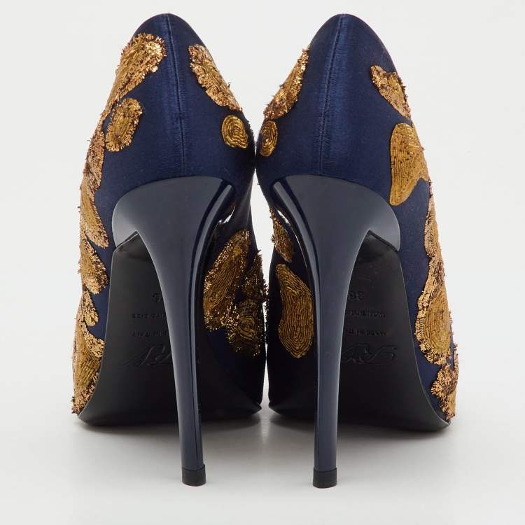 Pre Owned Roger Vivier Navy Blue/Gold Embroidered Satin Peep Toe Platform Pumps Size 36