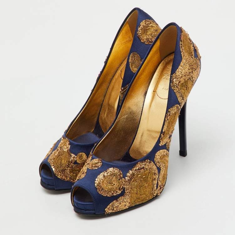 Pre Owned Roger Vivier Navy Blue/Gold Embroidered Satin Peep Toe Platform Pumps Size 36