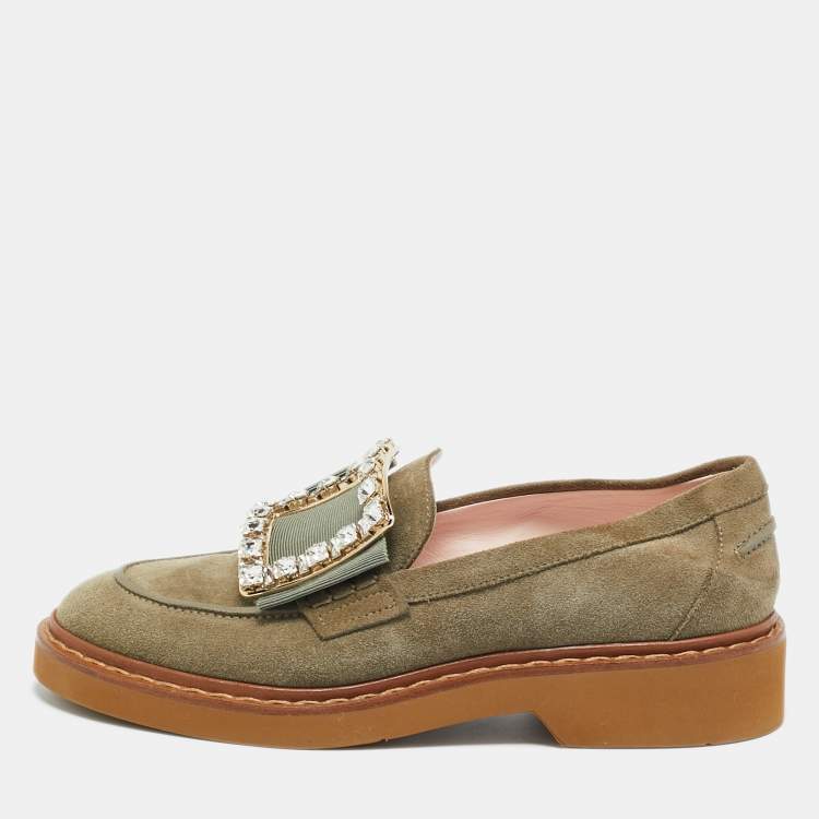 Pre Owned Roger Vivier Green Suede Viv Rangers Loafers Size 38