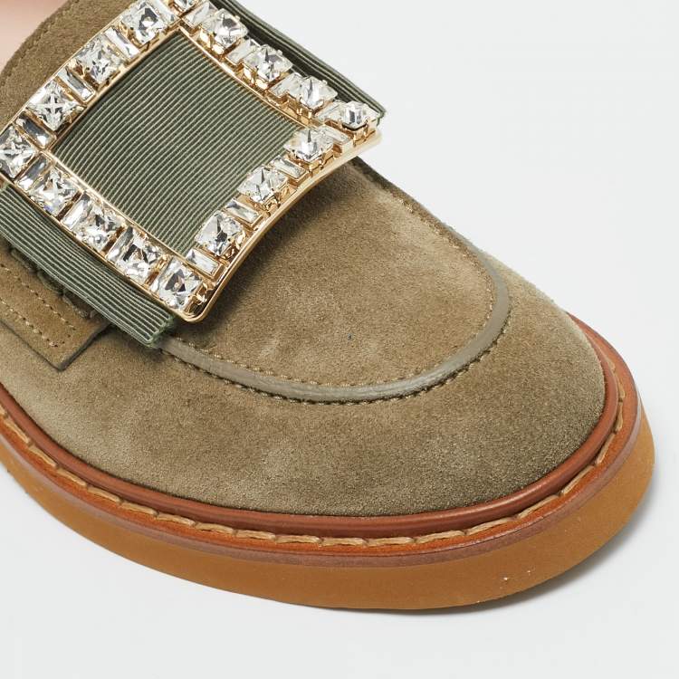 Pre Owned Roger Vivier Green Suede Viv Rangers Loafers Size 38