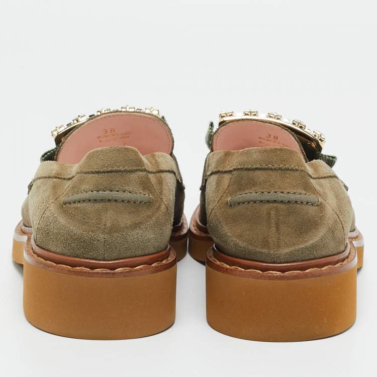 Pre Owned Roger Vivier Green Suede Viv Rangers Loafers Size 38