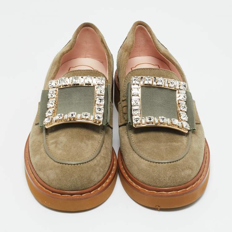 Pre Owned Roger Vivier Green Suede Viv Rangers Loafers Size 38