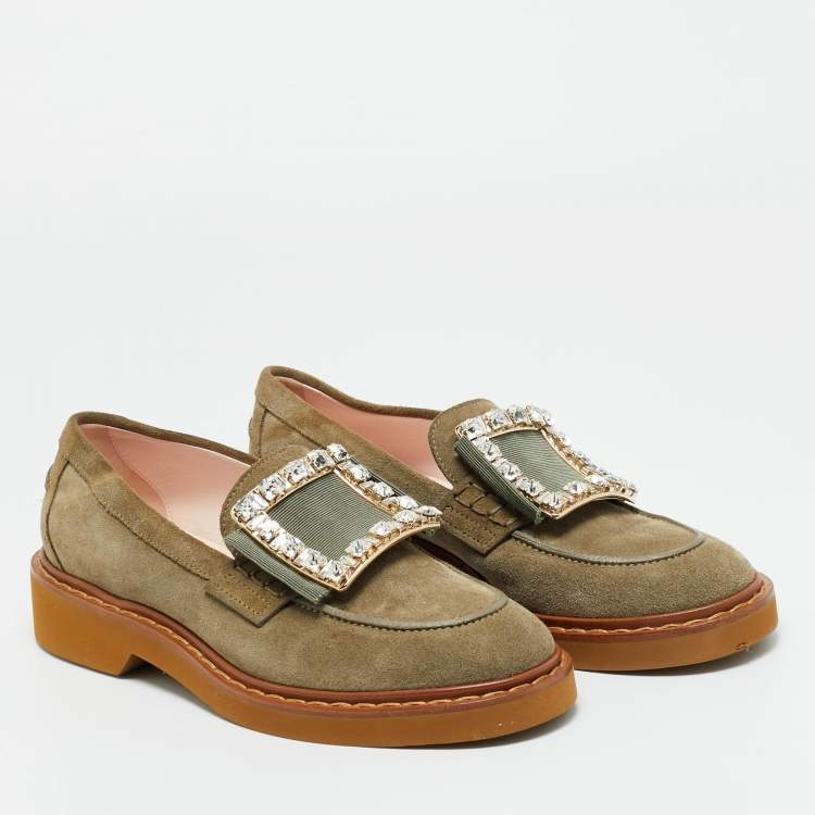 Pre Owned Roger Vivier Green Suede Viv Rangers Loafers Size 38