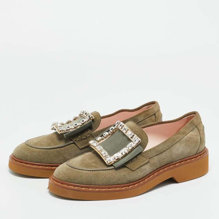 Pre Owned Roger Vivier Green Suede Viv Rangers Loafers Size 38