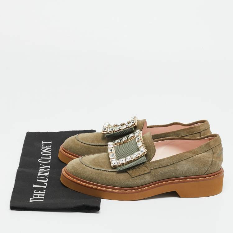 Pre Owned Roger Vivier Green Suede Viv Rangers Loafers Size 38