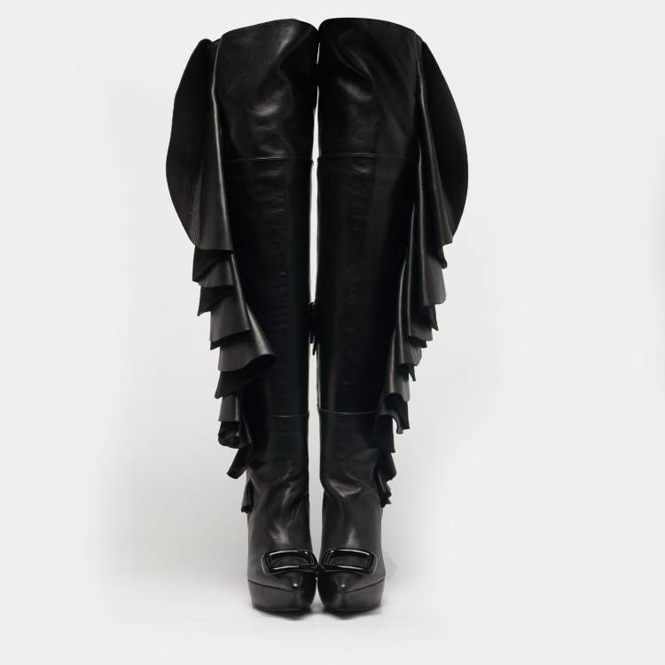 Pre Owned Roger Vivier Black Leather and Suede Rouches Cuissards Over The Knee Boots Size 38