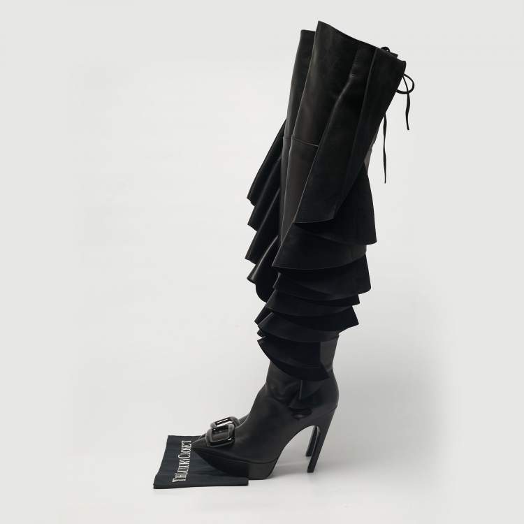 Pre Owned Roger Vivier Black Leather and Suede Rouches Cuissards Over The Knee Boots Size 38