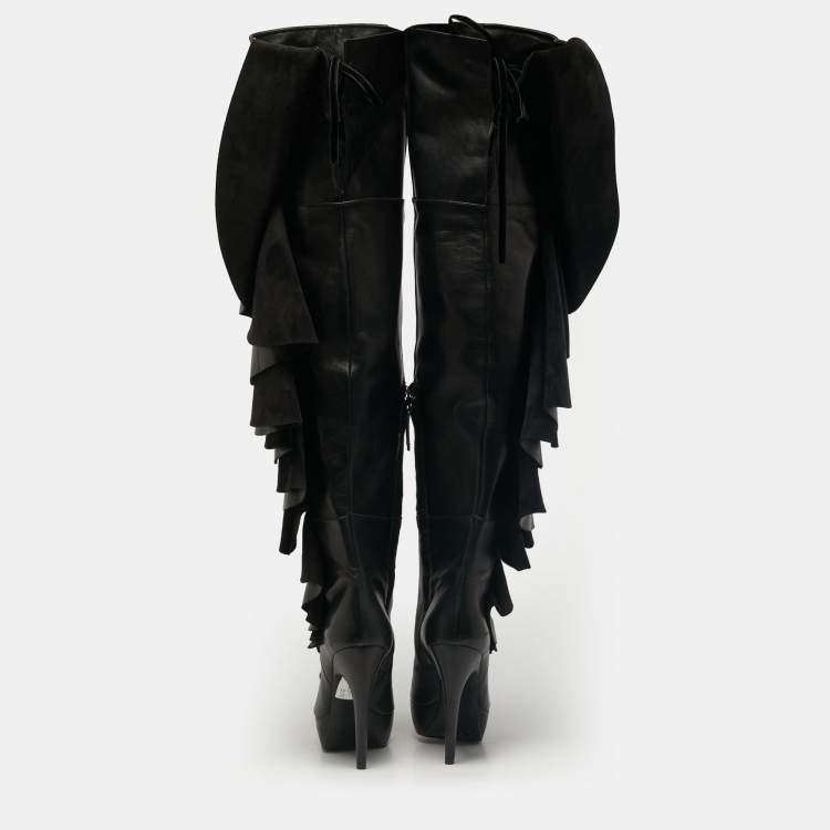 Pre Owned Roger Vivier Black Leather and Suede Rouches Cuissards Over The Knee Boots Size 38