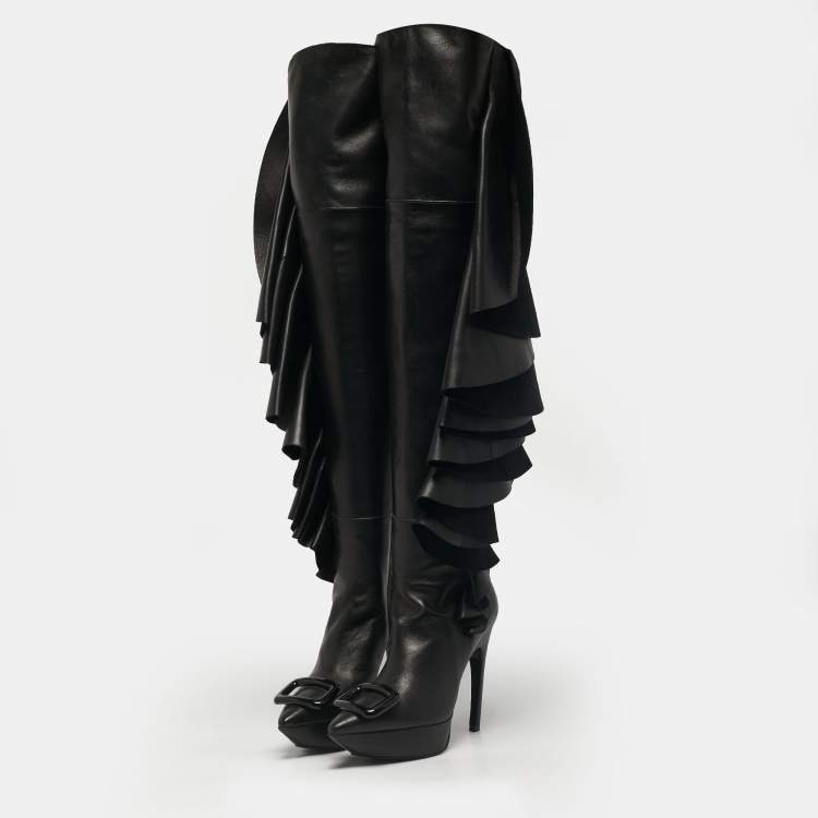 Pre Owned Roger Vivier Black Leather and Suede Rouches Cuissards Over The Knee Boots Size 38