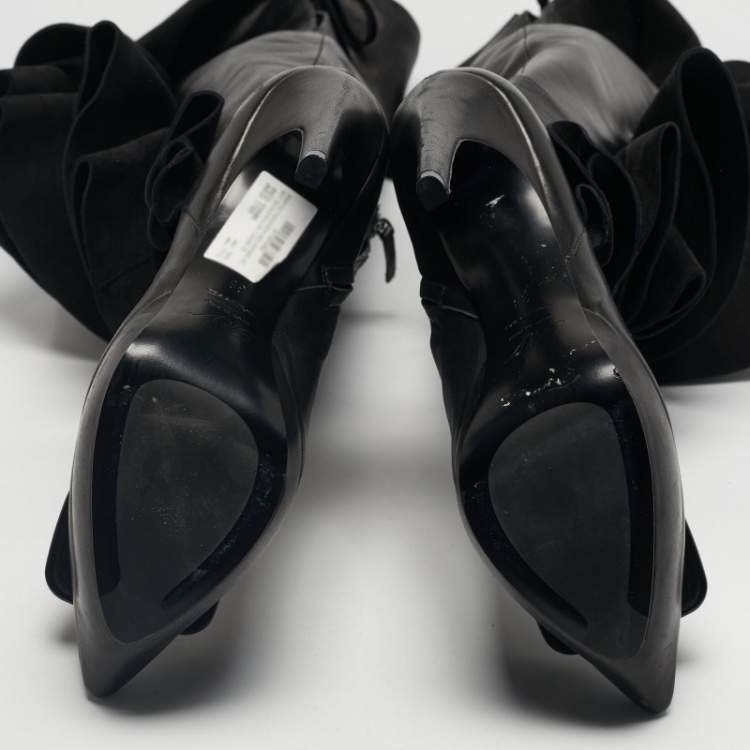 Pre Owned Roger Vivier Black Leather and Suede Rouches Cuissards Over The Knee Boots Size 38