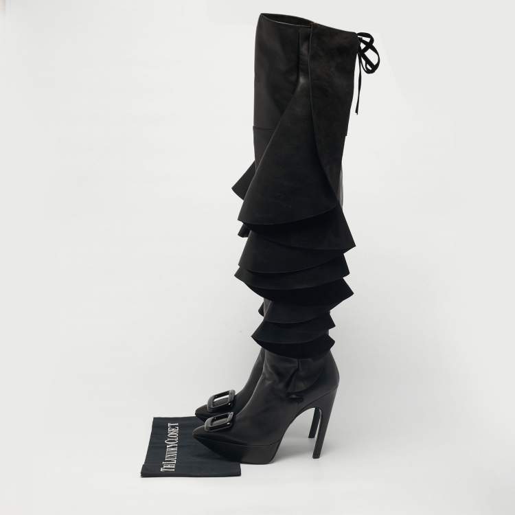Pre Owned Roger Vivier Black Leather Viv' Choc Rouches Cuissards Knee Length Boots Size 37