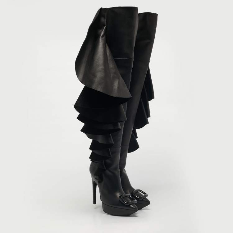 Pre Owned Roger Vivier Black Leather Viv' Choc Rouches Cuissards Knee Length Boots Size 37