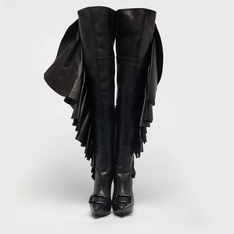 Pre Owned Roger Vivier Black Leather Viv' Choc Rouches Cuissards Knee Length Boots Size 37