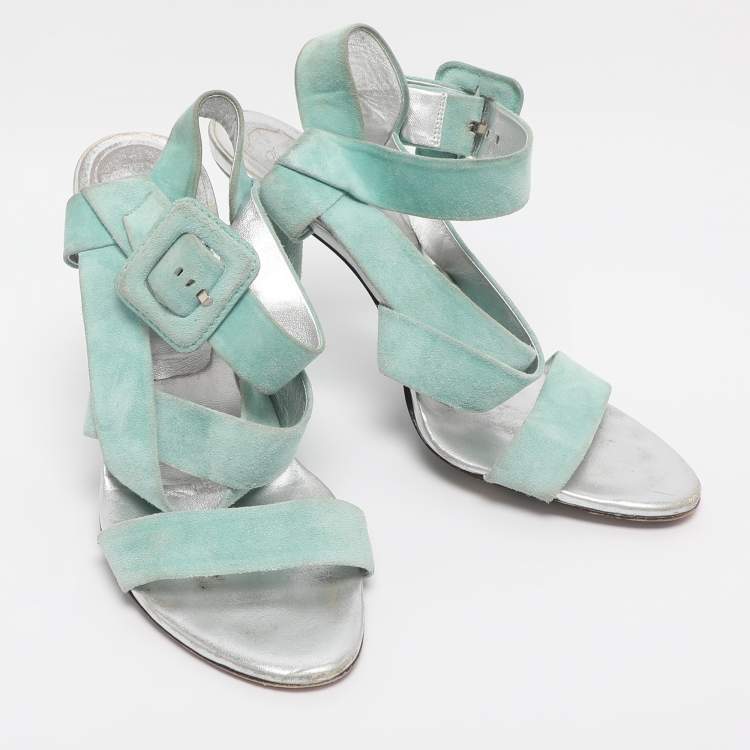 Pre Owned Roger Vivier Turquoise Suede Ankle Strap Sandals Size 38.5