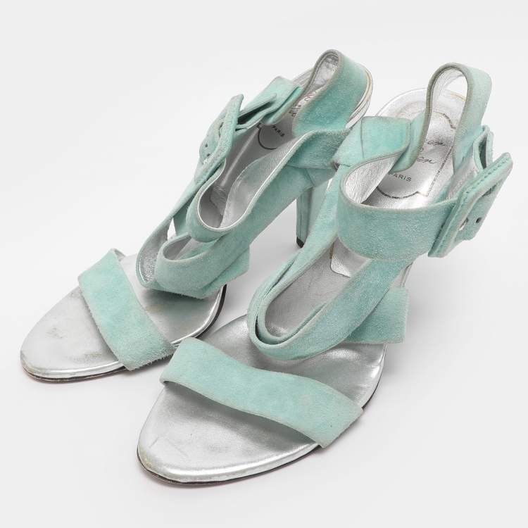 Pre Owned Roger Vivier Turquoise Suede Ankle Strap Sandals Size 38.5