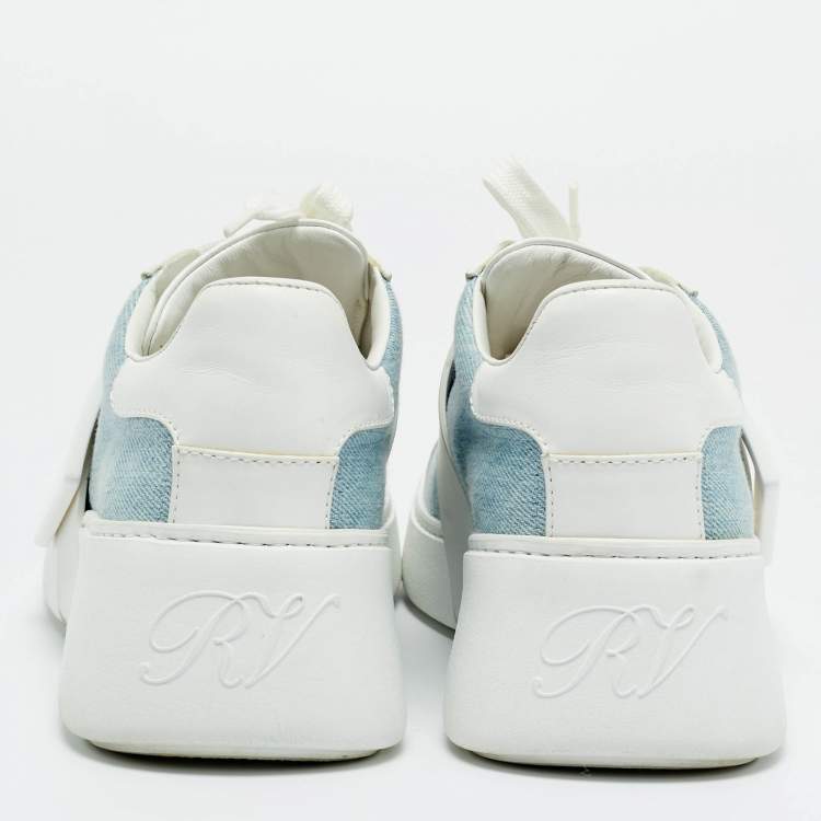Pre Owned Roger Vivier White/Blue Denim and Leather Viv Skate Sneakers Size 39