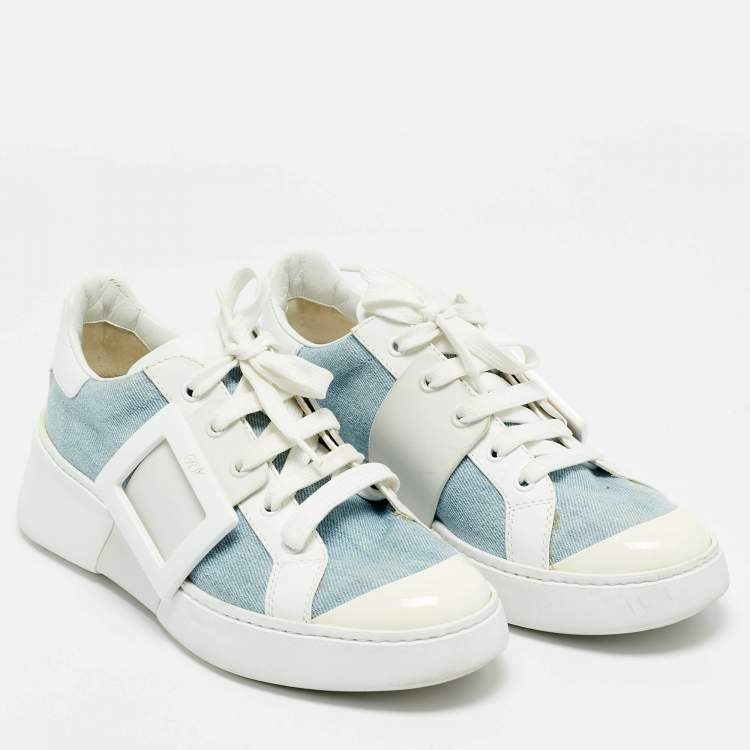 Pre Owned Roger Vivier White/Blue Denim and Leather Viv Skate Sneakers Size 39
