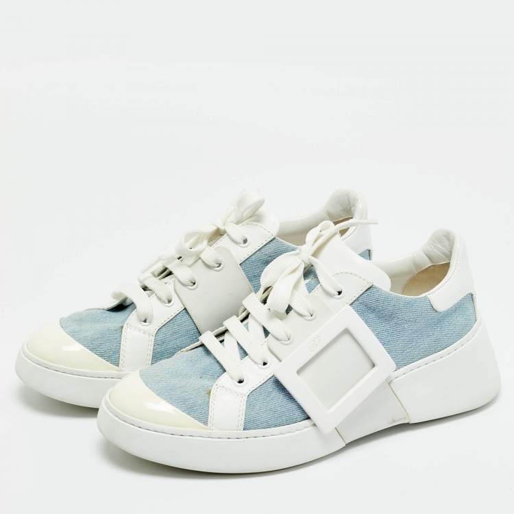 Pre Owned Roger Vivier White/Blue Denim and Leather Viv Skate Sneakers Size 39