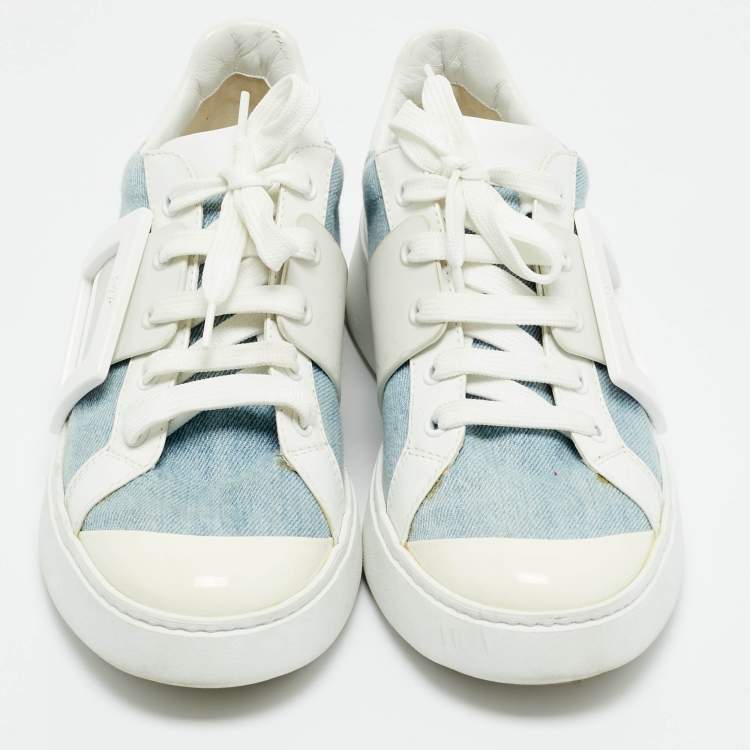 Pre Owned Roger Vivier White/Blue Denim and Leather Viv Skate Sneakers Size 39