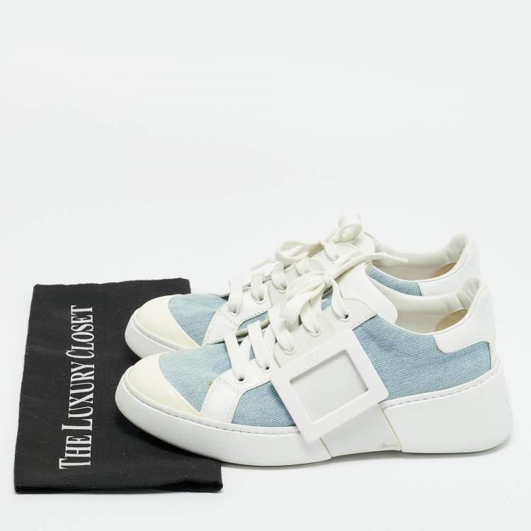 Pre Owned Roger Vivier White/Blue Denim and Leather Viv Skate Sneakers Size 39