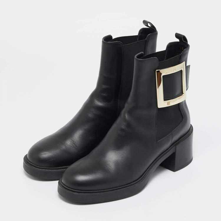 Pre Owned Roger Vivier Black Leather Buckle Ankle Length Boots Size 38